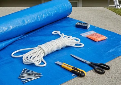 Heavy duty rope securing a tarpaulin outdoors in UK weather conditions