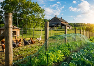 Garden fencing and netting protecting outdoor plants